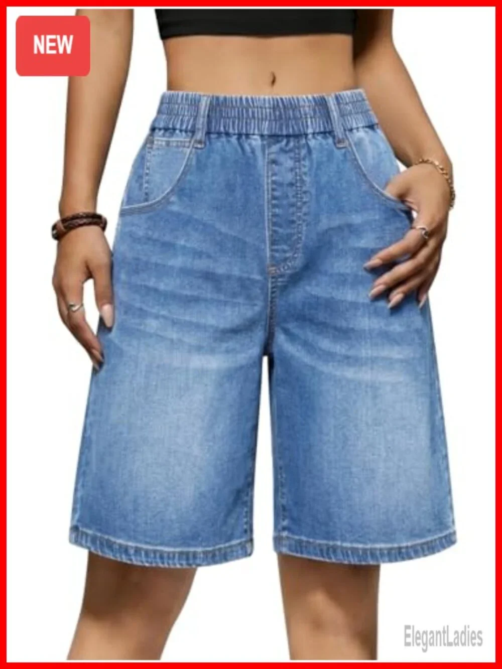 Women's High Waist Denim Bermuda Shorts Elastic Pull On Casual Long Shorts